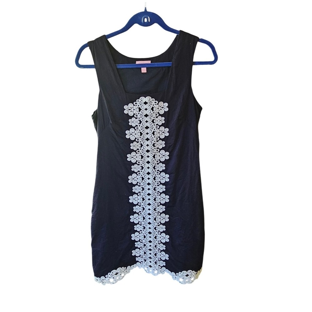 Lilly Pulitzer Dress Navy Blue Sleeveless Cotton Embroidered White Applique Sz 6